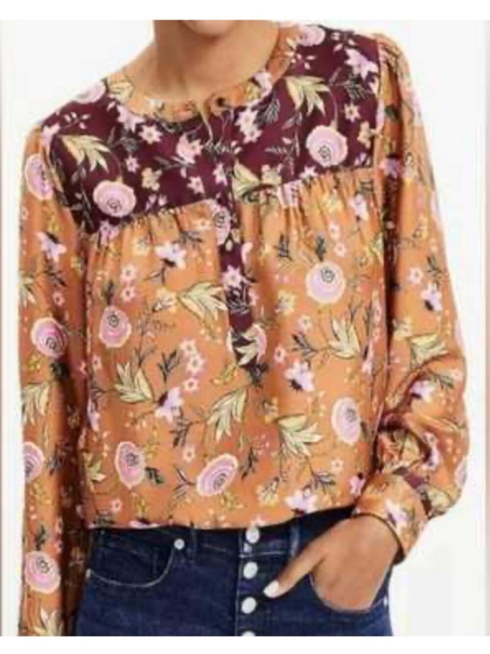 LOFT Fall Floral Blouse Long Sleeve Boho Harvest Print‎ Top Size S